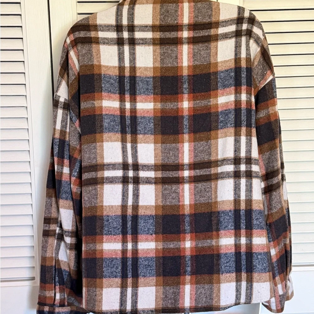 Plaid Button-Front Shacket in Brown & Cream - Picture 2 of 3
